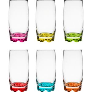 Glasmark Longdrink/waterglazen Tumblers - glas - gekleurde basis - 6x stuks - 350 ml