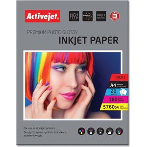 Activejet AP4-180G20 Fotopapier für Tintendrucker  A4  20 Stück, Glanz, 180 g/m², Tintenstrahl, A4, 21x29.7 cm, Weiß