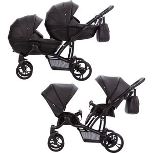 Bebetto 42 PRO Duowagen - Eco Leer bekleding - Tweeling kinderwagen Eco leather - duo buggy 2 in 1 (2 wiegen + 2 zitjes) Black 04