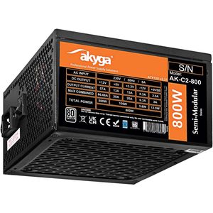 Akyga Voeding ATX 800W AK-C2-800 Semi-Modulair P4+4 2x PCI-E 6+2 pin 6x SATA 3x Molex FAN 12cm (800 W), PC-voedingseenheid, Zwart