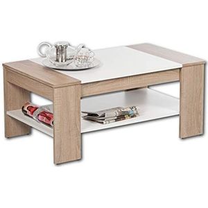 FINLEY Plus salontafel in eiken Sonoma look, wit, ruime salontafel met lade en plank voor je woonkamer, 100 x 44 x 58 cm (b x h x d)