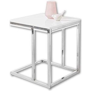 Stella Trading Moderne mini-bijzettafel, wit hoogglans met verchroomd metalen frame, stijlvolle salontafel voor je woonkamer, 45 x 50 x 45 cm (b x h x d)