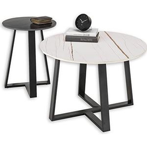 JASON Bijzettafel, set van 2, rond, zwart/wit, moderne salontafelset met zwart metalen frame, 70 x 45 x 70 cm (b x h x d)
