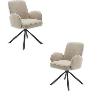Stella Trading Malia Eetkamerstoelen, set van 2 met zwart metalen frame, comfortabele beige stoelen voor eetkamer en woonkamer, metaal, 58 x 86 x 63 cm