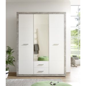 Kledingkast Storck 151cm 3 deuren & 2 lades & spiegel - beton/wit