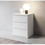Stella Trading OLLI Nachtkastje met drie schuifladen in wit, modern nachtkastje met opbergruimte voor je bed, hout, 45 x 61 x 38 cm