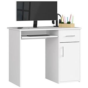 PIN PC-bureau met toetsenbordlade, klein bureau met laden, bureautafel, computertafel, bureautafel 1 lade, 1 opbergvak met deur, 90 x 74 x 50 cm, 29 kg, wit