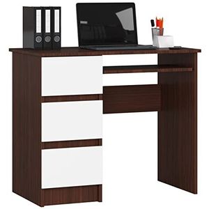 Bureau A-6 met toetsenbordlade en 3 laden links of rechts | Office Desk | Computertafel | B90 x H77 x D50 cm 30 kg | Kleur wengé / wit