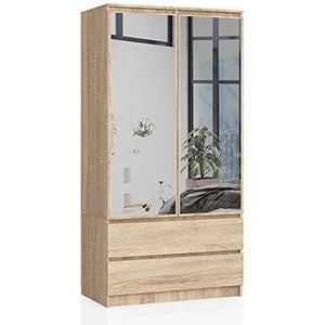 AKORD Kledingkast met een spiegel S 90 cm 2 Deuren 2 Lades met planken en een kledingroede voor een slaapkamer Kasten Gelamineerd karton 16 mm Kleur Sonoma Eik