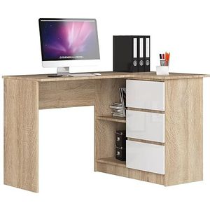 AKORD Hoekbureau met rek en 3 laden, bureau, hoektafel voor thuiskantoor, eenvoudige montage, rechts sonoma/wit glanzend
