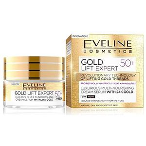 Eveline Cosmetics Gold Lift Expert Multi-Nourishing Gold Serum Cream 24K 50+ Anti-Rimpel Gezichtscrème met Vitaminen A, B, D | 50 ml | Gezichtsserum voor Rijpe en Gevoelige Huid