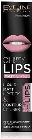 Cosmetica Eveline Oh! Mijn Lippen-set: vloeibare matte lippenstift en Lipiner, nr. 03 Rose nue