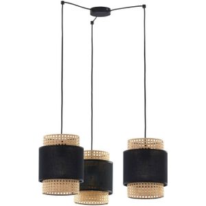 TK Lighting Hanglamp Boho, rond 3-lamps zwart/rotan