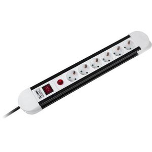 Verlengsnoer met stekkerdoos 6 voudig, schakelaar, overspanningsbeveiliging 5 meter snoer 3x 1,5mm2, randaarde, kinderbeveiliging.