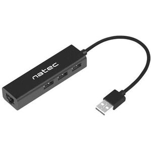 Natec Hub USB 2.0 DRAGONFLY 3-ports + RJ45, zwart