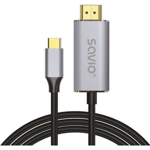 USB-C naar HDMI 2.0B kabel, 2m, zilver/zwart, gouden tips, SAVIO CL-171