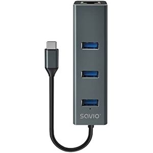 Savio - AK-57 - HUB USB-C 3.1 - Grijs - 3 Poorten - RJ-45 Gigabit Ethernet