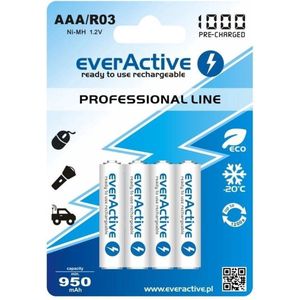 everActive EVHRL03-1050 Set van 4 AAA-batterijen 1050 mAh Ni-MH Micro R03 voorgeladen High Performance Line 1,2 V 1 blisterkaart wit