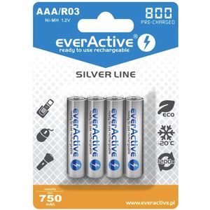everActive - Batterij AAA - 800 mAh - 4 Stuks - NI-MH - Oplaadbaar - Zilver