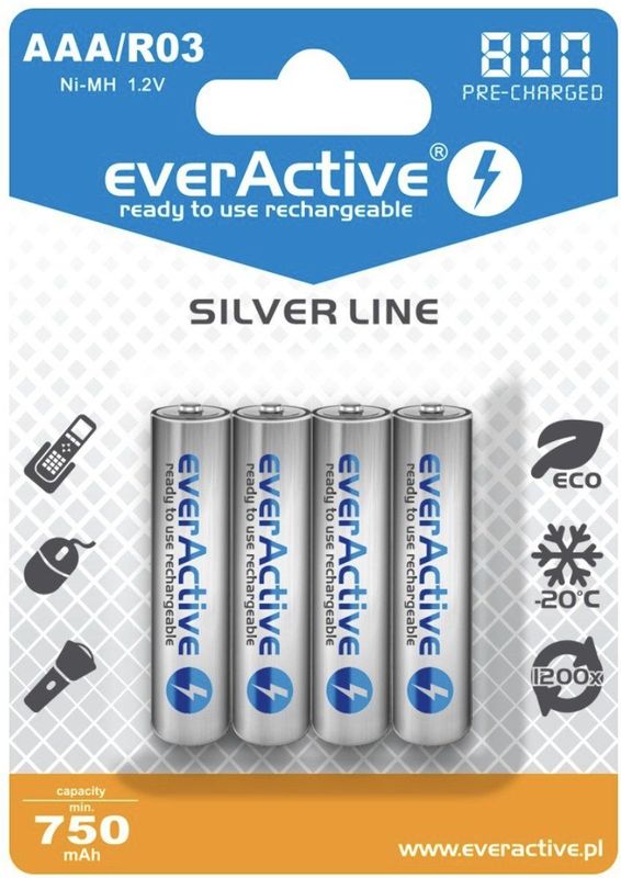 everActive - Batterij AAA - 800 mAh - 4 Stuks - NI-MH - Oplaadbaar - Zilver