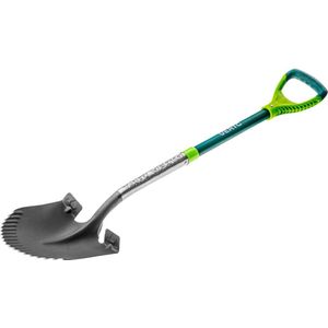 VERTO Tuinspade spitse spade met wortelzaag, 125 cm lengte, schop voor harde, steenachtige vloeren, glasvezelsteel, geharde kop, antislip handgreep, professionele T-Rex
