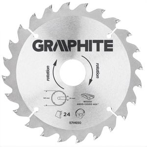 Graphite 57H650 Cirkelzaagblad 165mm, Asgat 30mm, Tanden 24, Dikte 2,8, Vulringen 16/20/25, TCT