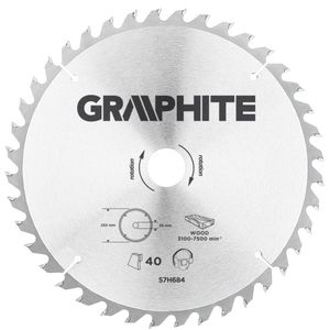 Graphite Circelzaagblad voor Hout 250mm, Asgat 30mm, Tanden 40, Dikte 3,2, Vulringen 16/20/25, TCT