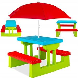 COIL Kindertafels, Tuintafels, Kinderpicknicktafel met Banken, Parasol, Kinderbank, UV-bescherming, Groente
