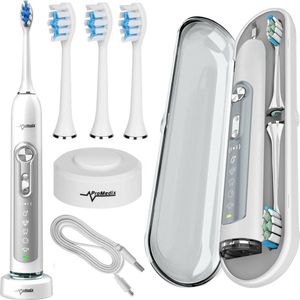 Promedix PR-750 Maclean Elektrische tandenborstel met reisetui, 5 reinigingsmodi, 3 borstelkoppen 30 seconden en IPX7 timer, wit