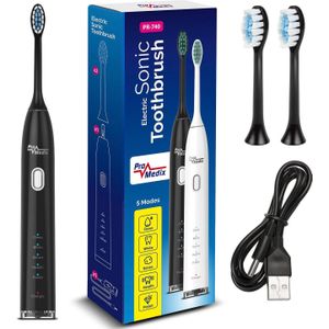 Promedix PR-740 B Elektrische sonische tandenborstel reisetui 5 reinigingsmodi 2 borstelkoppen 2 minuten timer IPX7 USB-opladen waterdicht zwart