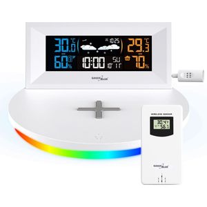 GreenBlue - Draadloos weerstation met draadloze Qi-oplader |  Mood Light Base -  Externe Sensor Binnen- en Buitenthermometer - Wit