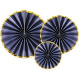 Papieren Waaiers Donkerblauw Goud Set 23-40cm 3 delig