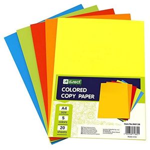 D.RECT Kopieerpapier, gekleurd A4-papier, gekleurd printerpapier, mix van 5 kleuren, voor inkjet en laserprinter, 5 x 20 A4-vellen - 100 vellen