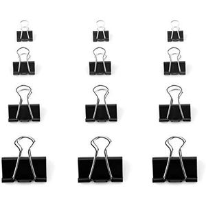 D.Rect set van 48 vouwklemmen, 4 x 12 stuks, 15/19/25/32 mm, multifunctionele metalen paperclips voor notities, briefpapier, kantoorbenodigdheden, zwart