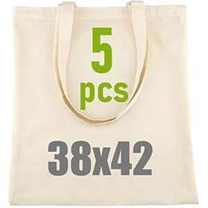 LEVIATAN Zware katoenen tas, jute tas met twee lange hengsels, 38 x 42 cm, 144 g/m2, boodschappentas, draagtas, natuurverpakking, 5 stuks