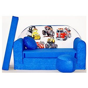Kids Sofa Couch baby slaapbank kinderkamer bed gezellig verschillende kleuren en motieven (C14 Blue Trucker)