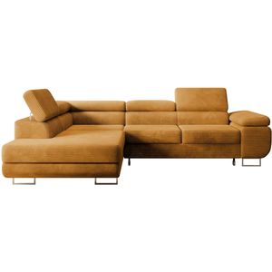 Selsey - stevil - Ecksofa L-Sofa mit Schlaffunktion, Bettkasten, Ottomane links, Cordbezug Senfgelb