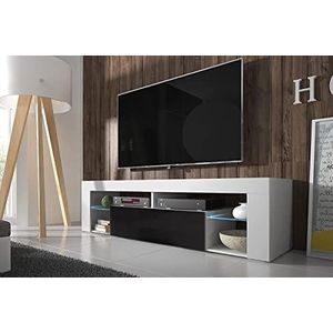 Selsey Hugo - TV-lowboard/tv-kast in wit met klep in zwart hoogglans en LED-verlichting 140cm