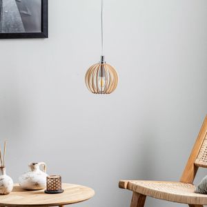 Argon Hanglamp Paz chroom, houten lamellenbol, Ø 17 cm