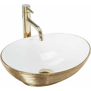 Rea opzetwastafel Sofia Brush Gold wastafel handwasbak wasbak voor badkamers van hoogwaardig keramiek 410 x 345 x 150 mm (goud/wit)