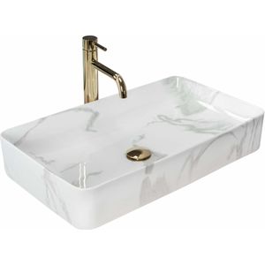 Rea opzetwastafel DENIS SHINNY MARMO wastafel handwasbak wastafel voor badkamers van hoogwaardig keramiek 615 x 350 x 110 mm (wit, imitatiemarmer)