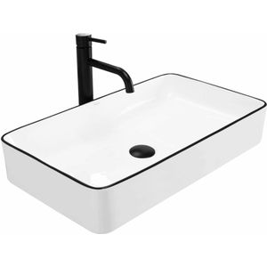 Rea opzetwastafel Denis Black Edge, wastafel, handwasbak, wastafel voor badkamers van hoogwaardig keramiek, 615 x 350 x 110 mm (wit/zwart)