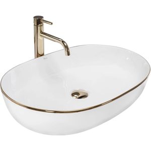 Rea opzetwastafel CLEO WHITE Gold Edge, wastafel, handwasbak, wastafel voor badkamers van hoogwaardig keramiek, 605 x 410 x 140 mm (wit/goud)