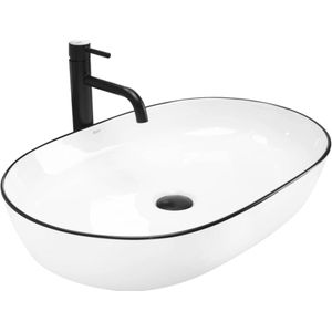 REA Ovale opzetwastafel - glanzend wit met zwarte rand - 60,5 x 41 x 14 cm - keramiek - antibacterieel