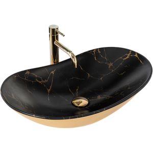Rea opzetwastafel Royal In Black Marble Gold wastafel handwasbak wasbak voor badkamers van hoogwaardig keramiek 605 x 360 x 150 mm (zwart/goud)