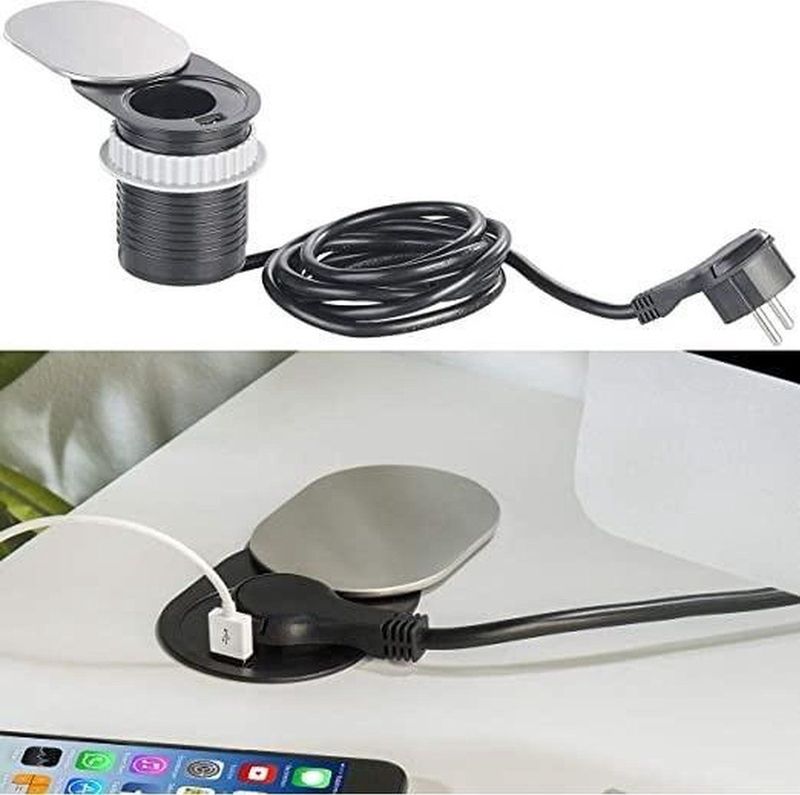 Inbouw Stekkerdoos - RVS Schuifdeksel - Stekkerblok met USB Lader - Zilver