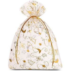 Kerst zakjes Organza - 18 x 24 cm - 10 stuk - Ecru Goud Zilver - Kerstverpakking Kerstdecoratie Kerstversiering