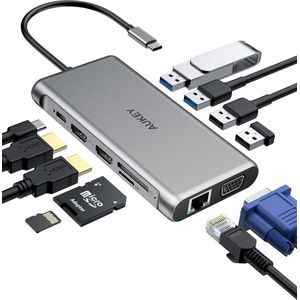 AUKEY HUB CB-C78 aluminum USB-C | 12 in 1 | RJ45 Ethernet 10/100/1000Mbps | 2xUSB 3.1 | 2xUSB 2.0 | 2xHDMI 4k@30Hz | VGA | SD en microSD | USB-C | USB-C