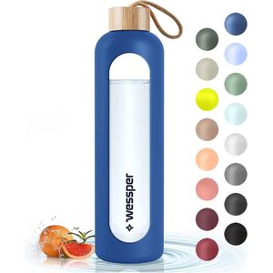 Wessper Waterfles van glas, herbruikbaar, van borosilicaatglas, met motiverende tijdmarkering, bamboe deksel, siliconen, voor kinderen en volwassenen, voor sport en camping, blauw