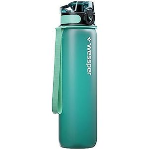 WESSPER Drinkfles 1 l, Active Max, Tritan sportfles met tijdmarkering, BPA-vrij, lekvrij, waterfles voor sport, fietsen, wandelen, school, kinderen, mint